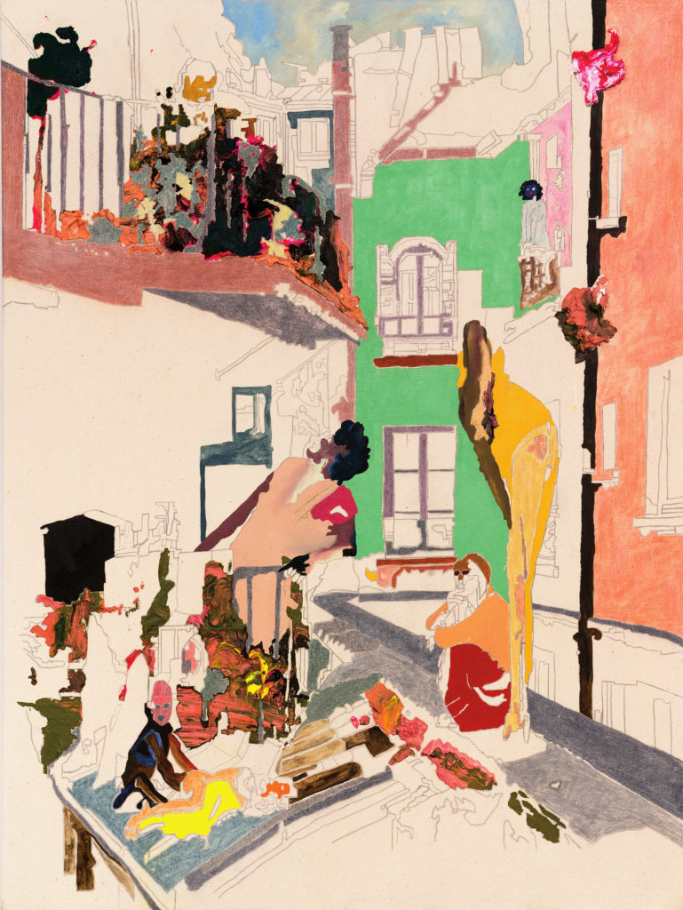 Cindy Phenix, <em>Balcony View on Negotiations</em>, 2018. Oil and pastel on canvas, 1.21 m x 91.4 cm. Courtesy Galerie Hugues Charbonneau. 