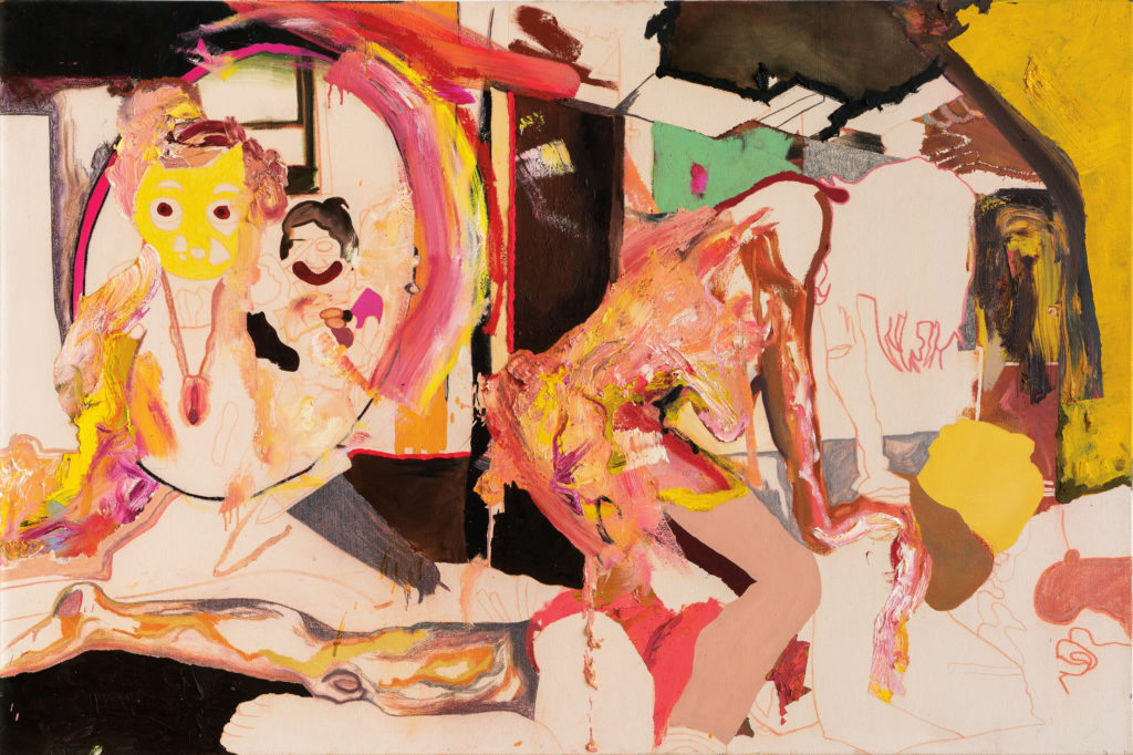 Cindy Phenix, <em>Your Boring Game</em>, 2016. Oil and pastel on canvas, 1.21 x 1. 82 m. Courtesy Galerie Hugues Charbonneau.