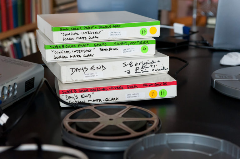 Video cassettes and film reels from the Gordon Matta-Clark Collection, Canadian Centre for Architecture, 2019. © CCA.