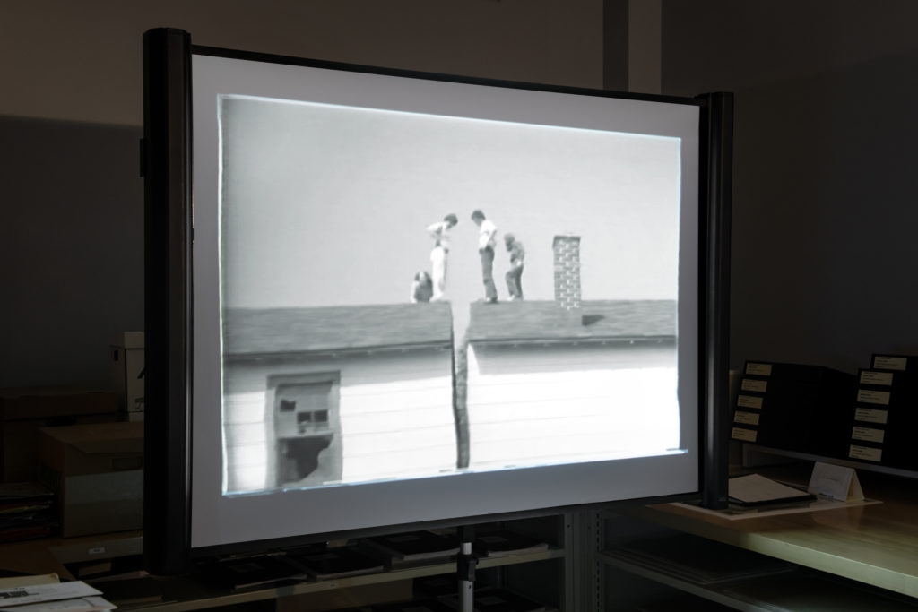 Still from a field trip to <em>Splitting</em>, Englewood, New Jersey, 1974. Collection Gordon Matta-Clark, CCA. Donation of the Estate of Gordon Matta-Clark © Estate of Gordon Matta-Clark.