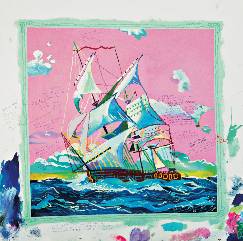 Jane Q Cheng, <em>Study of Expensive Painting (Ship)</em>, 2016. Acrylic and oil pastel on canvas, 76.2 x 76.2 cm. Courtesy the artist. Photo: Chris Bentzen.