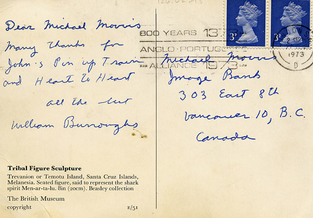 <em>William S. Burroughs postcard to Image Bank</em>, 1973. Courtesy Vincent Trasov. Photo: Morris / Trasov Archive.

