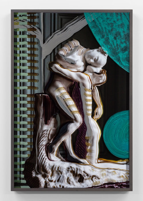 Adad Hannah, <em>Untitled (Virtumnus and Pomona striped)</em>, 2019. Hand-painted museum acrylic over archival pigment print, 91.5 x 61 cm. 