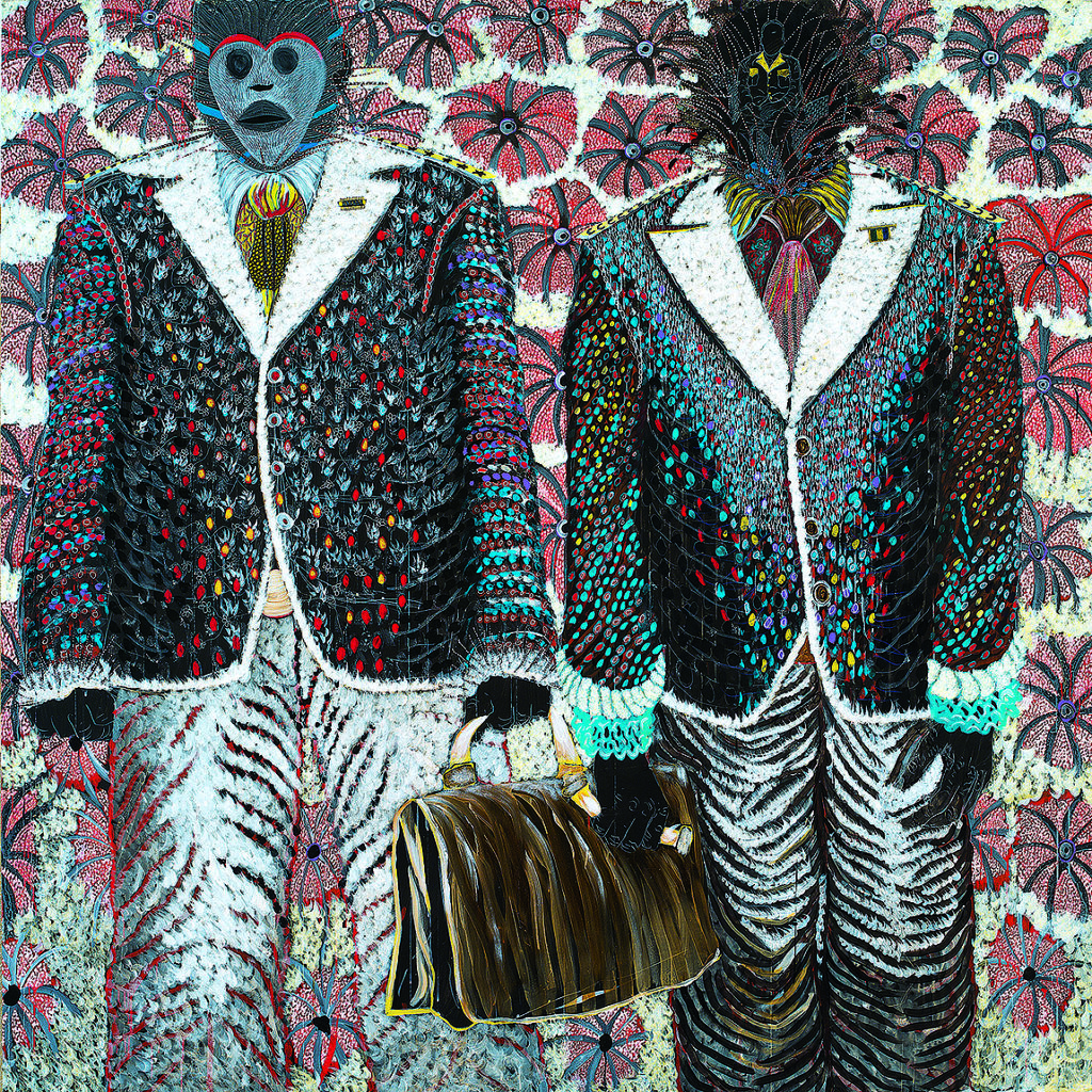 Omar Ba, <em>Promenade masquée 1 (Masked Promenade 1)</em>, 2016. Acrylic, gouache, oil and pencil on canvas. JMD Collection, Hong Kong. Image courtesy Galerie Templon, Paris-Bruxelles. Courtesy the artist and Hales Gallery, London/New York. Photo B. Huet / Tutti. 