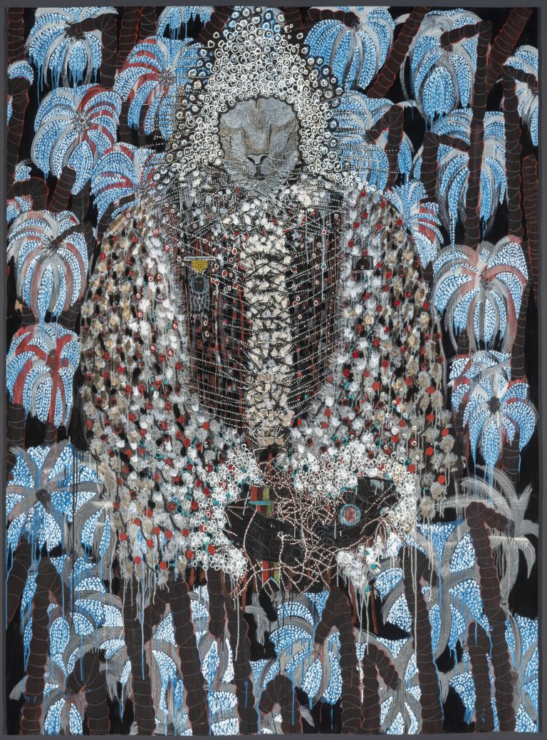 Omar Ba, <em>Afrique, pillage, arbres, richesse (Africa, Looting, Trees, Wealth)</em>, 2014. Oil, gouache, ink and crayon on corrugated cardboard. MMFA, purchase, Horsley and Annie Townsend Bequest. Courtesy the artist and Hales Gallery, London/New York. Photo MMFA, Christine Guest. 