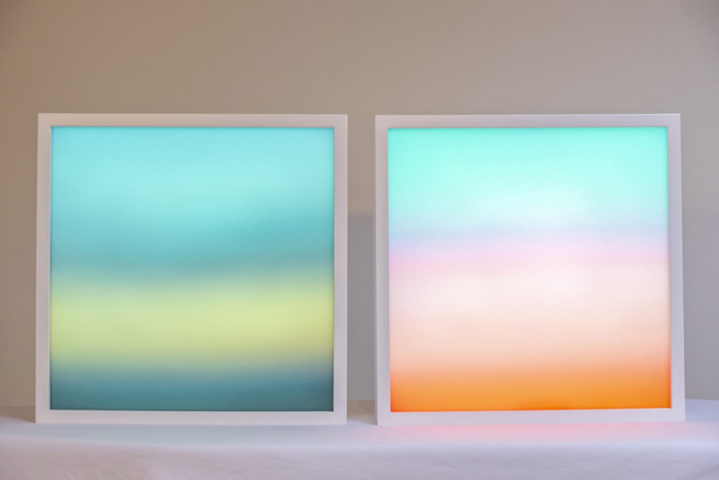 Annie Briard, <em>Horizon RGB</em>, 2019. Fujitrans film, full spectrum colour-changing lightbox. 