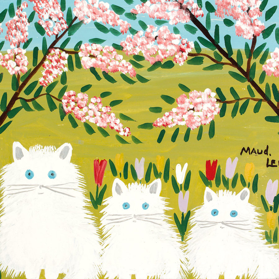 Maud Lewis (1903–1970), <em>Untitled (White Cats with Blue Eyes)</em>, c.1965. Oil on board, 35 x 40.5 cm, Private Collection © Art Gallery of Nova Scotia