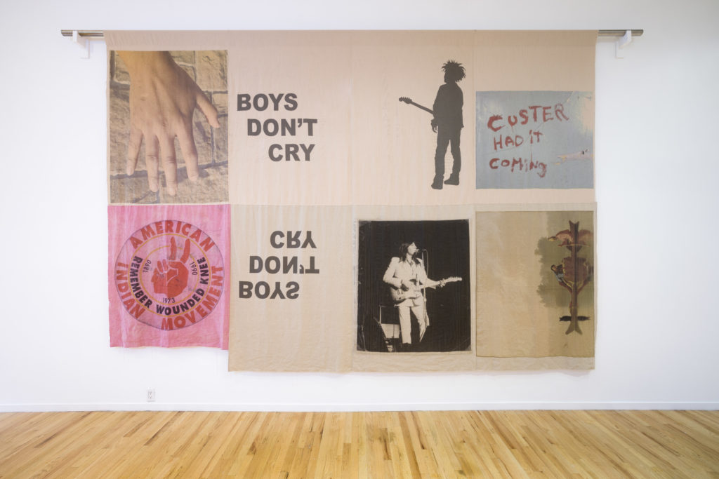 Duane Linklater, <em>boys don’t cry</em>, 2017. Digital prints on hand-dyed linen, 120 x 180 inches. Purchased by the AGO with funds from the Dr. Michael Braudo Canadian Contemporary Art Fund and the Art Toronto 2019 Opening Night. Courtesy Catriona Jeffries, Vancouver. © Duane Linklater. Photo: Dennis Ha. Installation view, “apparatus for the circulation of Indigenous ideas and sounds into the air,” Western Front, Vancouver, 2017