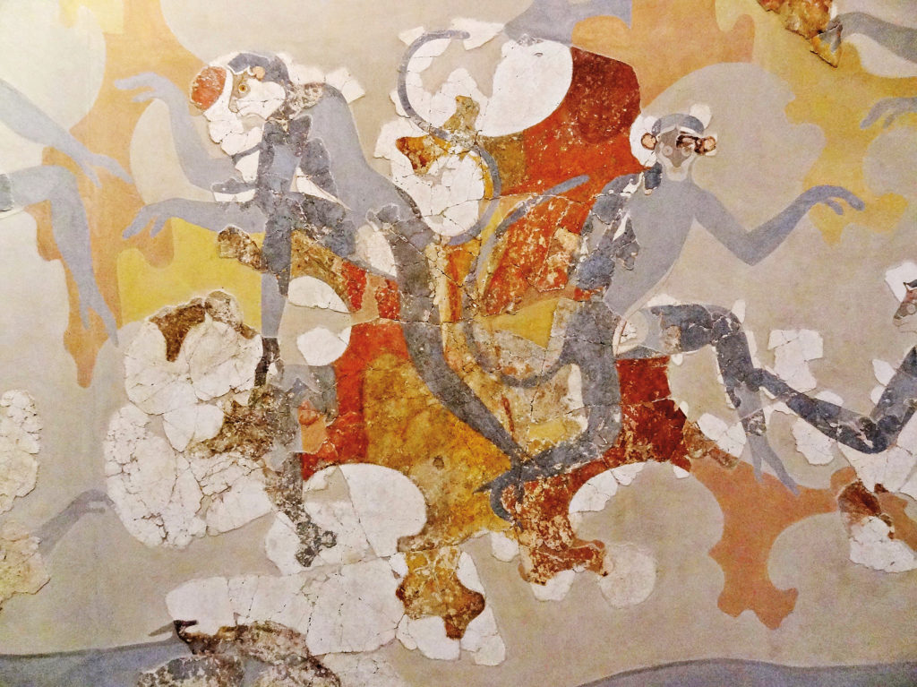 Detail of a fresco excavated from the prehistoric city of Akrotiri ca. 17th century BCE. Collection Museum of Prehistoric Thera, Fira, Greece.