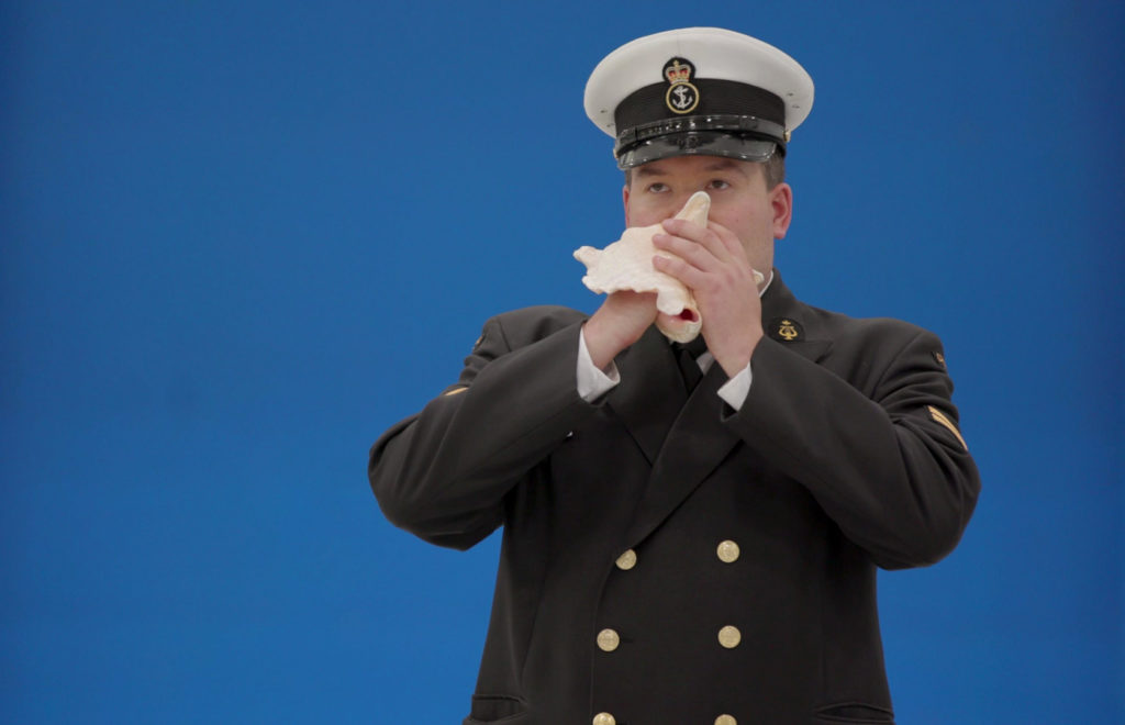Althea Thauberger and Kite, <em>Battle Cry (Gift to the Shell Ensemble)</em> (still), 2019. 2-channel video with 6-channel audio. Commissioned by the Toronto Biennial of Art. Courtesy the artists.
