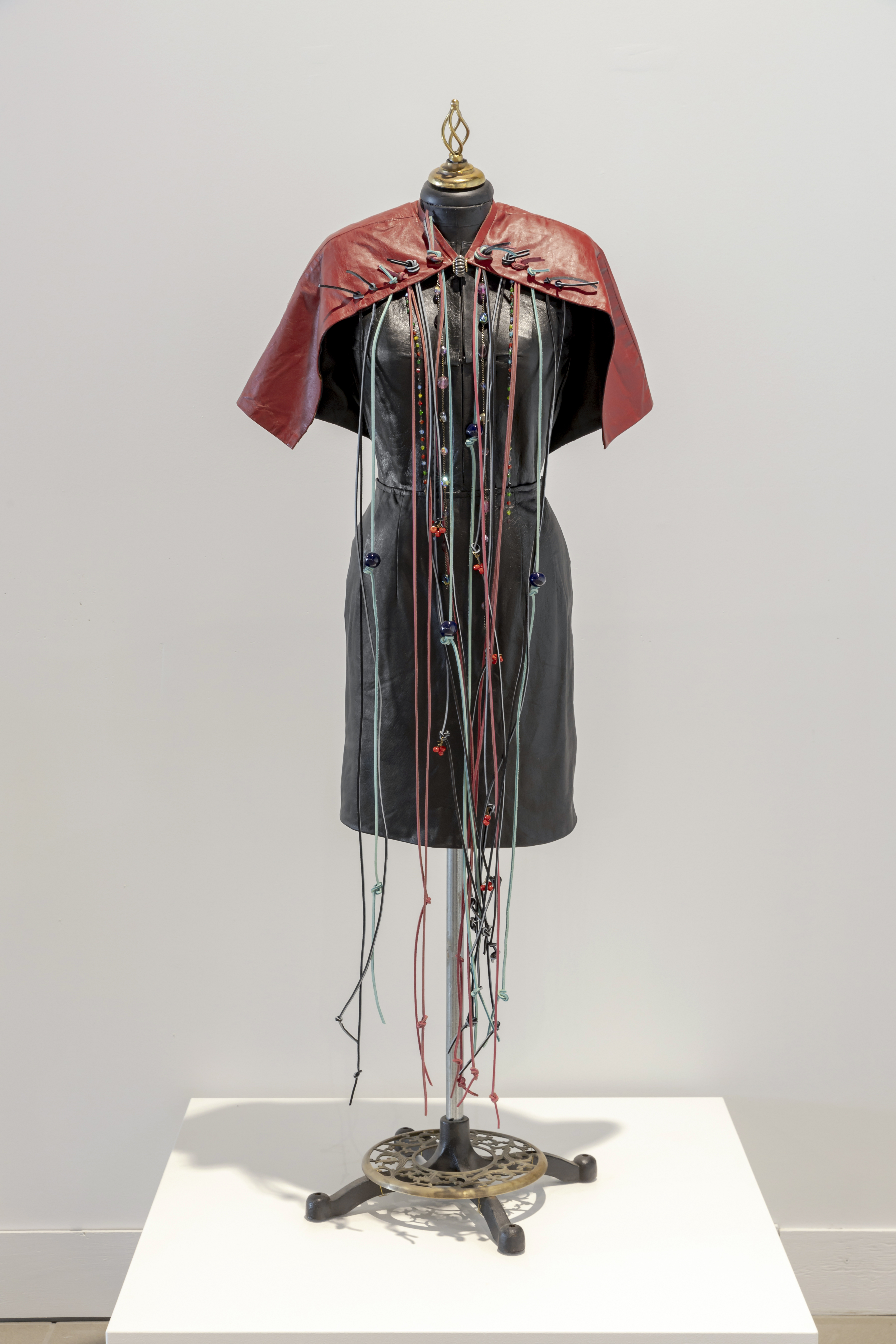 Jae Jarrell, <em>Ornaments of Reflection</em>, 2019. Leather, metal beads and thread, 1.52 m x 76.2 cm x 45.7 cm. Courtesy the Toronto Biennial of Art. Photo: Toni Hafkenscheid. 