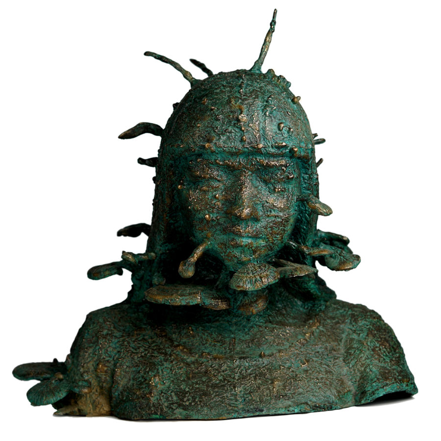 Xiaojing Yan, Linghzi Girl, 2018, casted bronze with patina, 18 x 16 x 10 inches