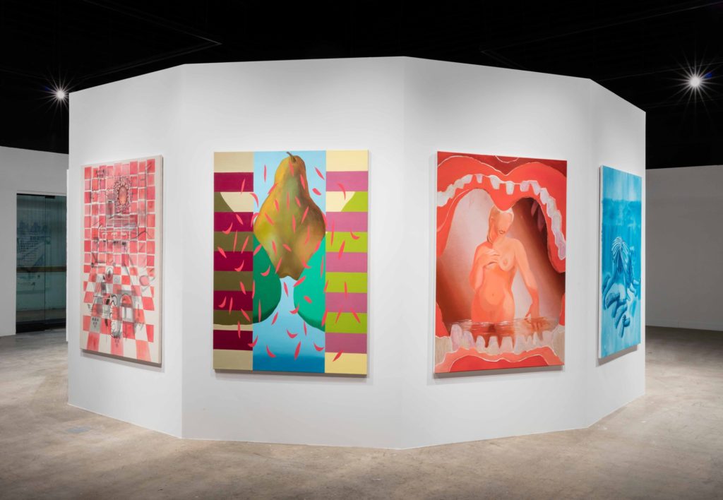 Installation view of Allison Katz's exhibition “Diary w/o Dates” at Oakville Galleries in Ontario in early 2018. Left to right: <em>Wheezy</em>, 2017, acrylic on raw canvas; <em>Sweety</em>, 2017, oil on linen; <em>Heaty</em>, 2017, oil on canvas; <em>Wheaty</em>, 2017, acrylic on canvas. Courtesy of the artist, The Approach, London and Gió Marconi, Milan. Photo: Toni Hafkenscheid. 