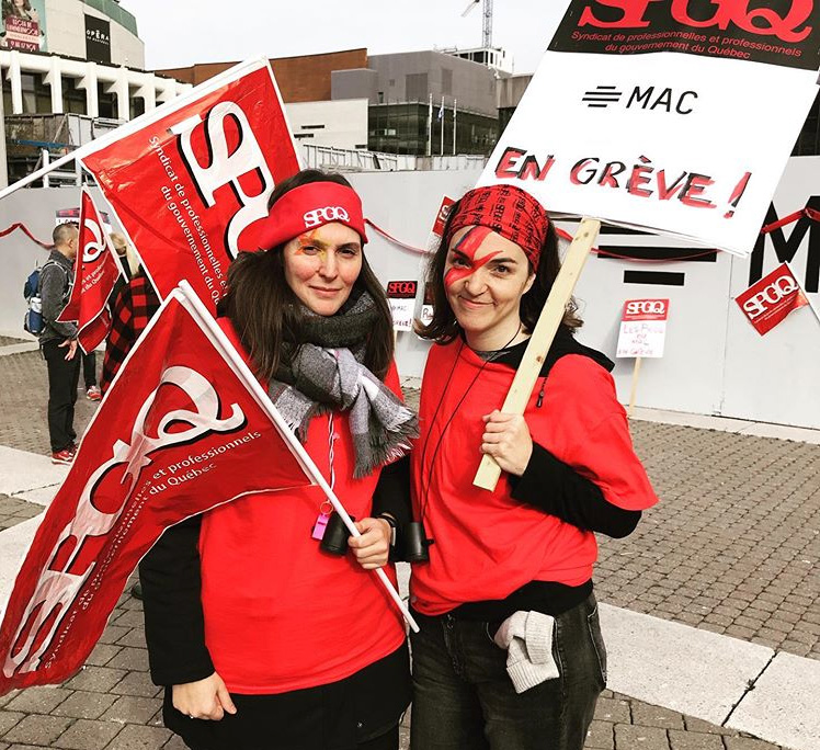 Members of professional staff at Musée d'art contemporain de Montréal during their first strike day on October 30, 2019. Photo: Instagram / @prosdumacmontreal