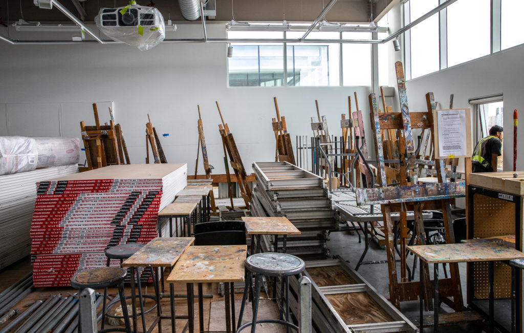 Construction materials used in the  Emily Carr University fire restoration process fill the space between painting easels in a studio on Level 4. (Rob Maguire/ECU)
