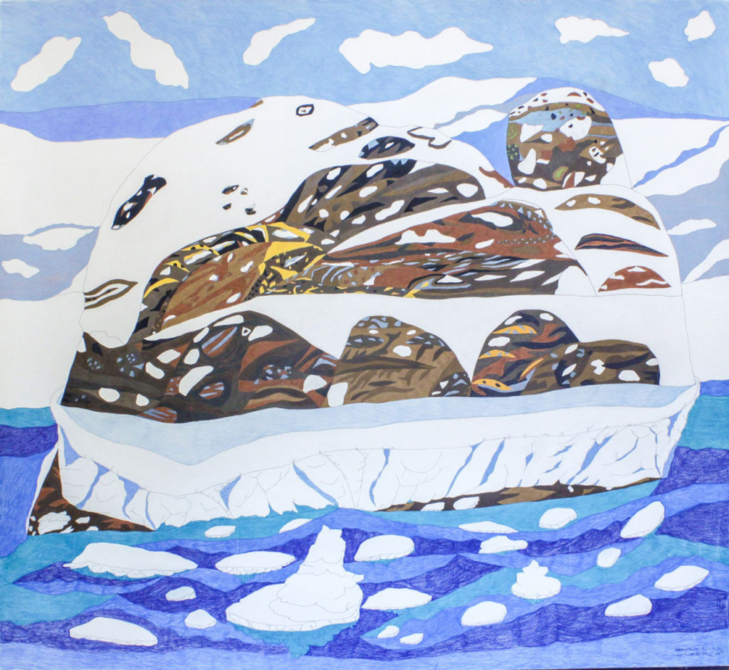 Ooloosie Saila, <em>Composition (Water, Ice and Mountains)</em>, 2017. Coloured pencil and ink on paper, 50 x 54.5 in. Courtesy Feheley Fine Arts. Reproduced with the permission of Dorset Fine Arts/West Baffin Eskimo Cooperative.