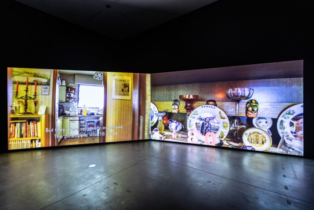 Stephanie Comilang, <em>Yesterday, In The Years 1886 and 2017</em>, 2017. 2-channel video installation, 9:49 min. Installation view at the Sobey Art Award Exhibition, Art Gallery of Alberta, Edmonton, 2019. © Stephanie Comilang Photo: Leroy Schulz