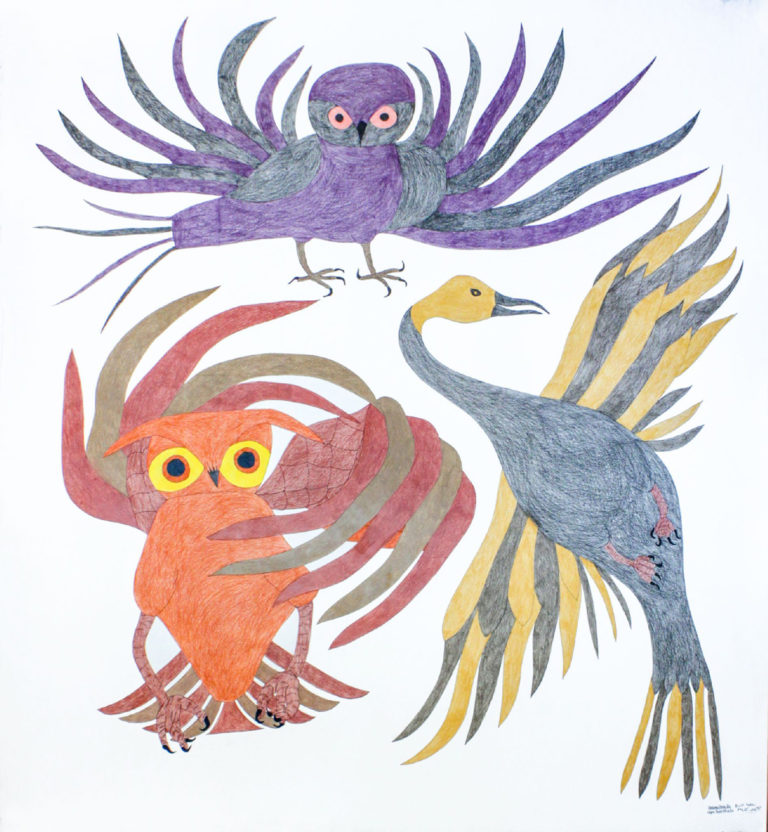 Ooloosie Saila, <em>Composition (Three Birds)</em>, 2016. Coloured pencil and ink on paper, 54 x 50 in. Courtesy Feheley Fine Arts. Reproduced with the permission of Dorset Fine Arts/West Baffin Eskimo Cooperative.