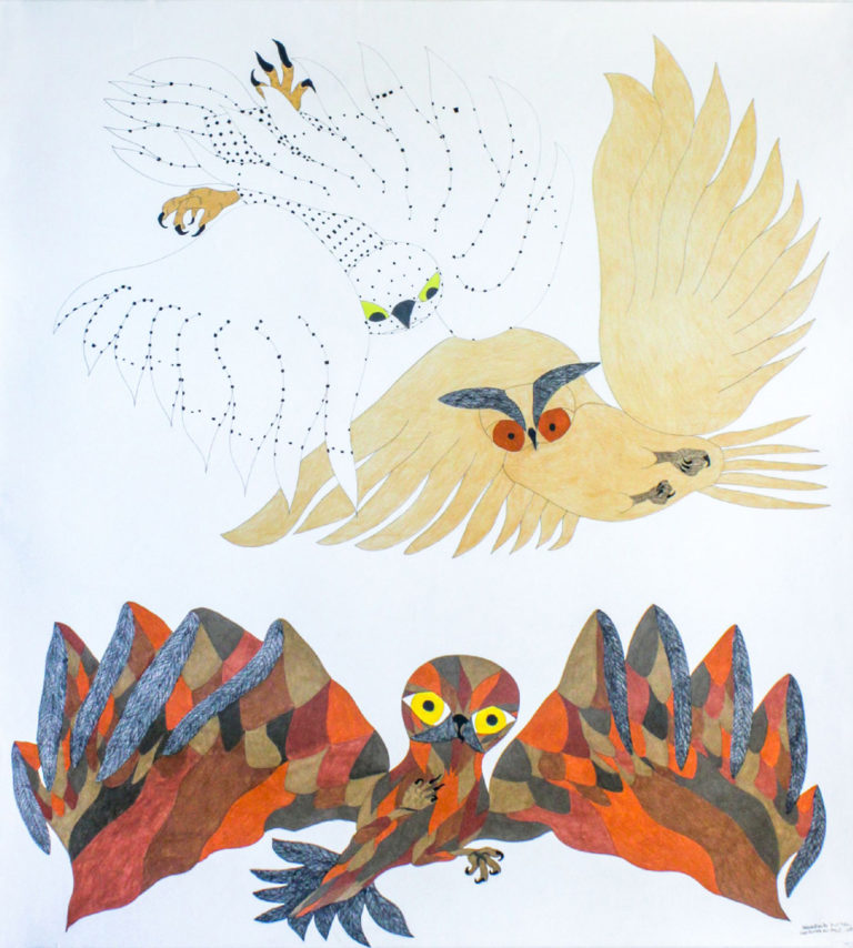 Ooloosie Saila, <em>Composition (Three Owls)</em>, 2016. Coloured pencil and ink on paper, 53 x 47.5 in. Courtesy Feheley Fine Arts. Reproduced with the permission of Dorset Fine Arts/West Baffin Eskimo Cooperative.