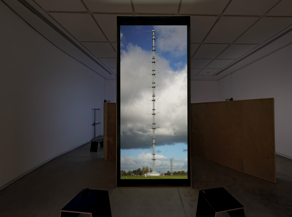 Susan Schuppli, <em>Atmospheric Feedback Loops</em> (installation view), 2017. 35mm vertical film transferred to HD video, stereo sound, 17 min 50 sec. Courtesy the artist and Blackwood Gallery. Photo: Toni Hafkenscheid.