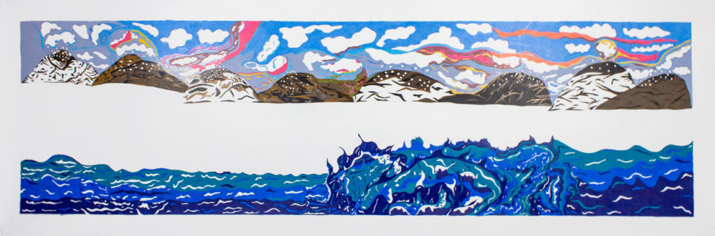 Ooloosie Saila, <em>Long Landscape</em>, 2018. Coloured pencil on paper, 30 x 92 in. Courtesy Feheley Fine Arts. Reproduced with the permission of Dorset Fine Arts/West Baffin Eskimo Cooperative.