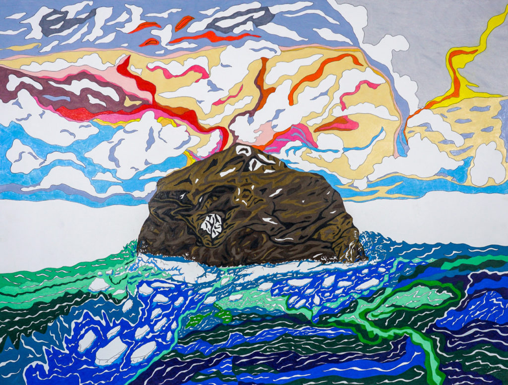 Ooloosie Saila, <em>Psychadelic Landscape</em>, 2019. Coloured pencil and ink on paper, 23 x 29.8 in. Courtesy Feheley Fine Arts. Reproduced with the permission of Dorset Fine Arts/West Baffin Eskimo Cooperative.