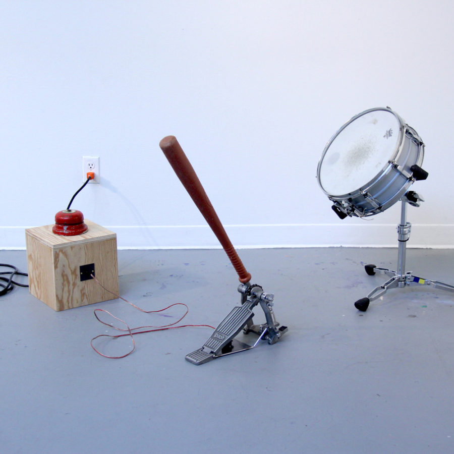 Patrick Lundeen, Ear Worms (installation detail), drum, whiffle bat, bell, 2019