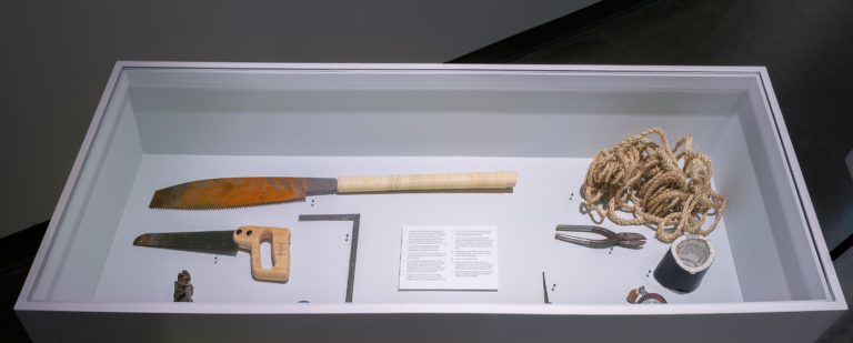 Jon Sasaki's exhibition “We First Need a Boat for the Rising Tide to Lift Us” at the Richmond Art Gallery includes a display of Japanese boat-building tools he used in a July 2019 performance. Photo: Michael Love.