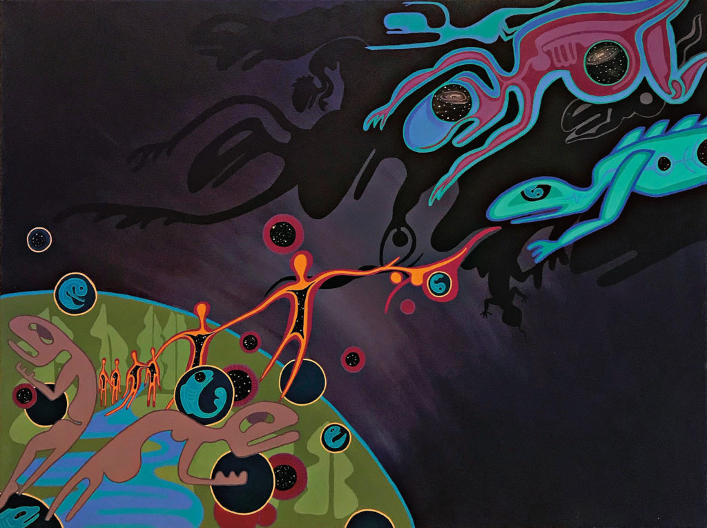 Quill Christie-Peters, <em>Remembering ancestors’ voices from the future</em>, 2018. Acrylic on canvas, 91.4 cm x 1.22 m. Courtesy the artist.
