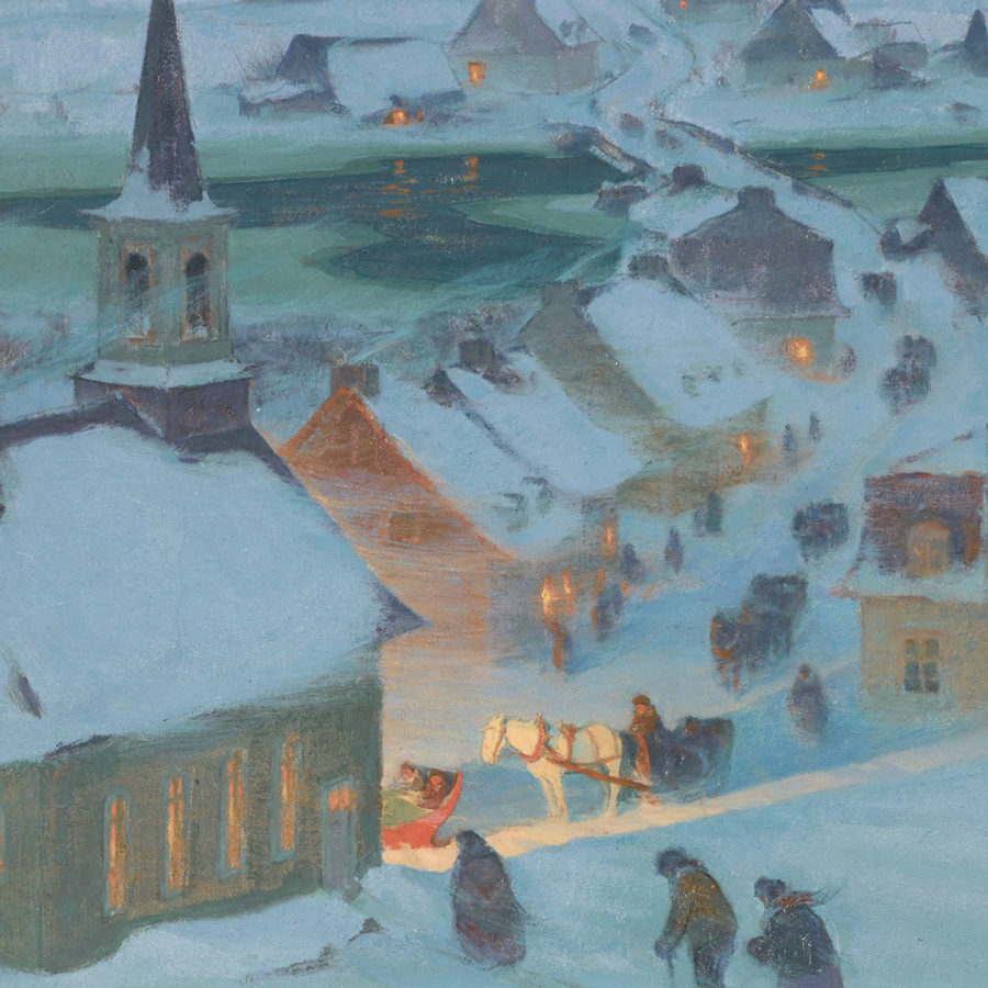 Clarence Gagnon (1881–1942), Christmas Mass, 1928 / 1933, pastel and/or coloured pencil on paper sheet: 21.7 x 23.8 cm; image: 18.2 x 21.8 cm, Gift of Colonel R.S. McLaughlin, McMichael Canadian Art Collection, 1969.4.34