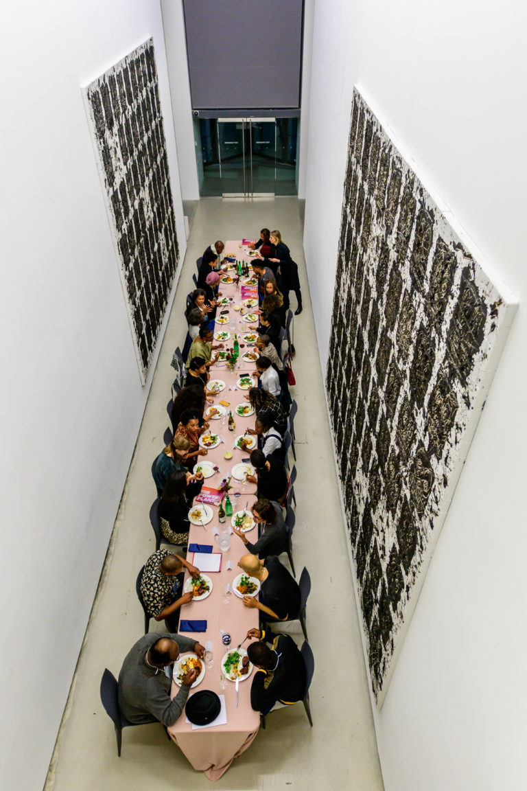 The Black Curators Forum dinner, in Rashid Johnson's <em>Anxious Audience</em> at The Power Plant, 2019. Photo: Henry Chan.