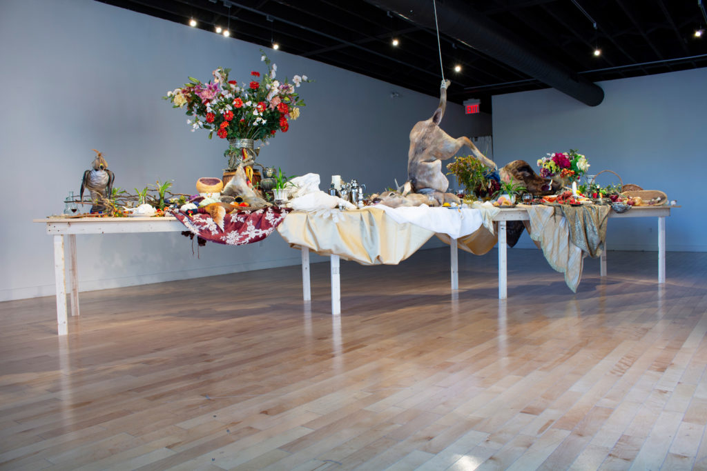 Emily Jan, <em>After the Hunt</em>, 2017. Hand-felted textiles and mixed media installation in Hamilton Artists
Inc.’s Cannon Gallery. Photo: Kristina Durka.