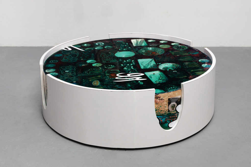 Catherine Telford Keogh, <em>X Supplement Aggregate Simulator X (Agatha knew that she was the kind of being that could survive at the bottom of the ocean in below zero temperatures for months or on a deserted planet in space. She had that kind of unbroken restraint and will.)</em>, 2019. Glass, Plexiglas®, Brite White Matte Formica®, Pigmented FlexFoam-iT! ® III, Dial® Omega Moisture Glycerin Soap with Sea Berries, Lasercut Deconstructed Plexiglas® Logos, Nature’s Path® Qi’a® Superfood Apple Cinnamon Chia Buckwheat and Hemp Cereal, Extra® Sugar Free Gum, etc., 35.5 cm x 1.1 6 m x 1.16 m. Photo: Laura Findlay. 