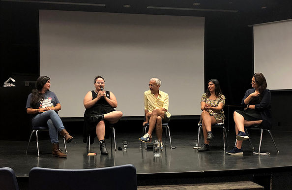 Day of panels and talks at the University of British Columbia Okanagan Indigenous Arts Intensive. From left: Tania Willard, Lindsay Nixon, Peter Morin, Audie Murray and Candice Hopkins. Courtesy University of British Columbia Okanagan.