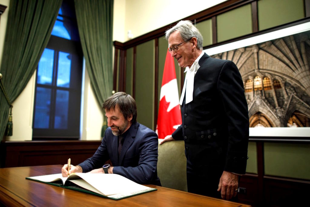 Steven Guilbeault being sworn in as MP for Laurier-Sainte-Marie on November 15, 2019. A few days later, he was named Minister of Canadian Heritage. Photo: via Facebook / used with ministry permission.