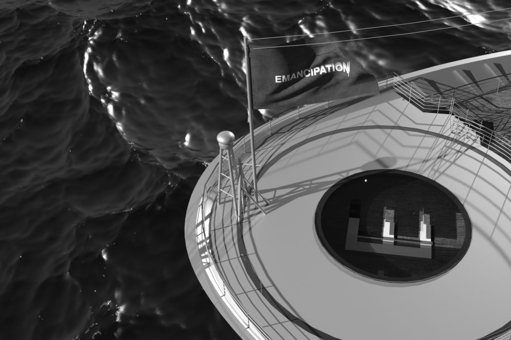 Xuan Ye, <em>The Spectacles Before Us Were Indeed Sublime</em> (animation still), 2018. Two-channel 4K video (black-and-white, stereo) and galvanized plano-concave structure.