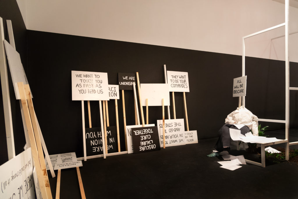 Laure Prouvost and Jonas Staal, <em>Obscure Union</em>, installation view. Commissioned by Mercer Union, Toronto, 2019. Courtesy the artists.
