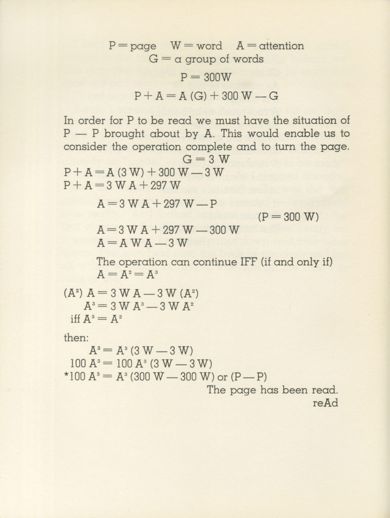 Madeline Gins, page from <em>WORD RAIN (or A Discursive Introduction to the Intimate Philosophical Investigations of G,R,E,T,A, G,A,R,B,O, It Says)</em>, 1969. Originally published by Grossman Publishers, New York © 1969 Estate of Madeline Gins. Reproduced with permission of the Estate of Madeline Gins.