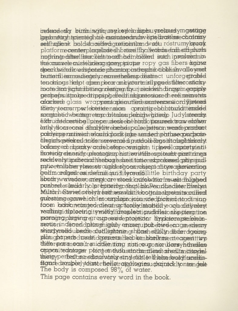 Madeline Gins, page from <em>WORD RAIN (or A Discursive Introduction to the Intimate Philosophical Investigations of G,R,E,T,A, G,A,R,B,O, It Says)</em>, 1969. Originally published by Grossman Publishers, New York © 1969 Estate of Madeline Gins. Reproduced with permission of the Estate of Madeline Gins.