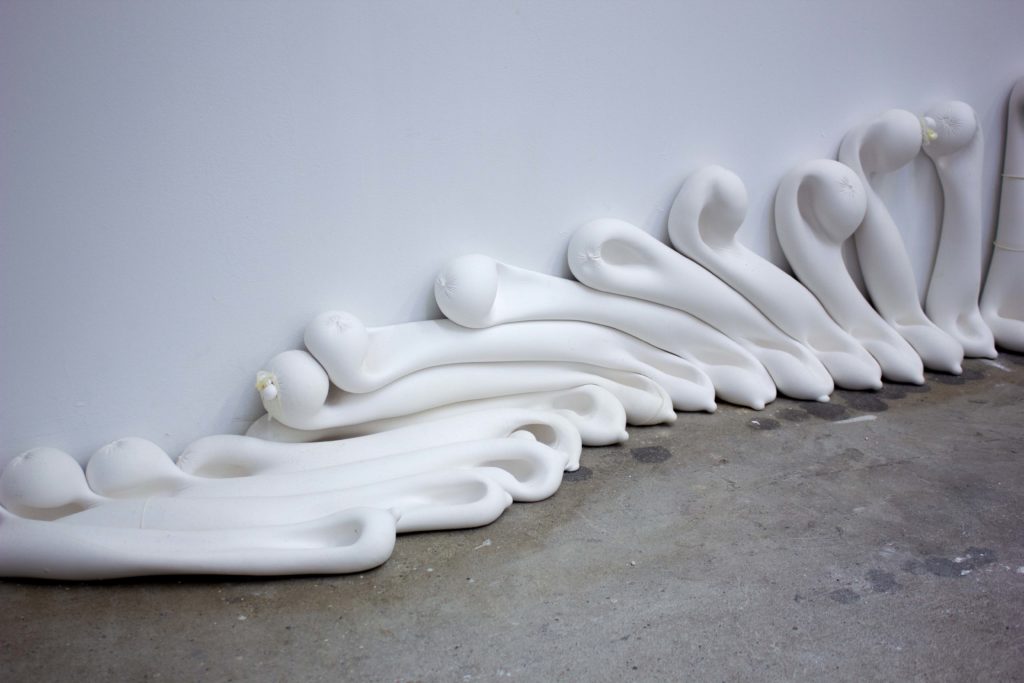 Robert Anthony O’Halloran, <em>Polyp #151…#162</em>, 2020. Gypsum cement, latex, personal lubricant, sound, dimensions variable. Courtesy the artist.