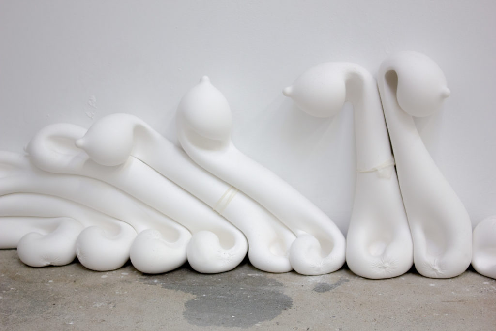 Robert Anthony O’Halloran, <em>Ursula’s Garden</em> (installation view, detail), 2020. Gypsum cement, latex, personal lubricant, sound, dimensions variable. Photo: Holden Kelly.