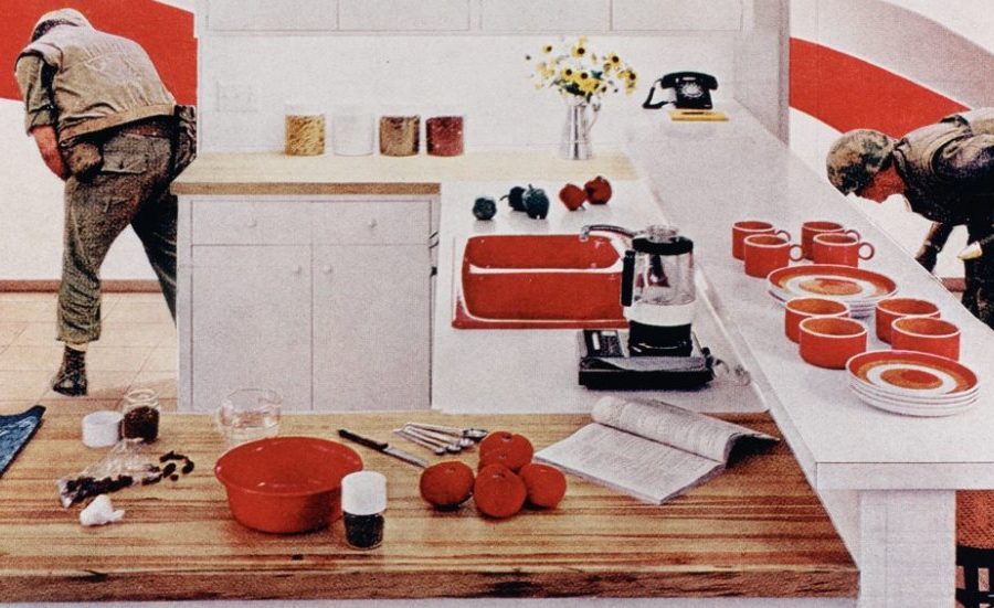 Image: Martha Rosler, Red Stripe Kitchen (detail), from the series House Beautiful: Bringing the War Home (c.1967-72).