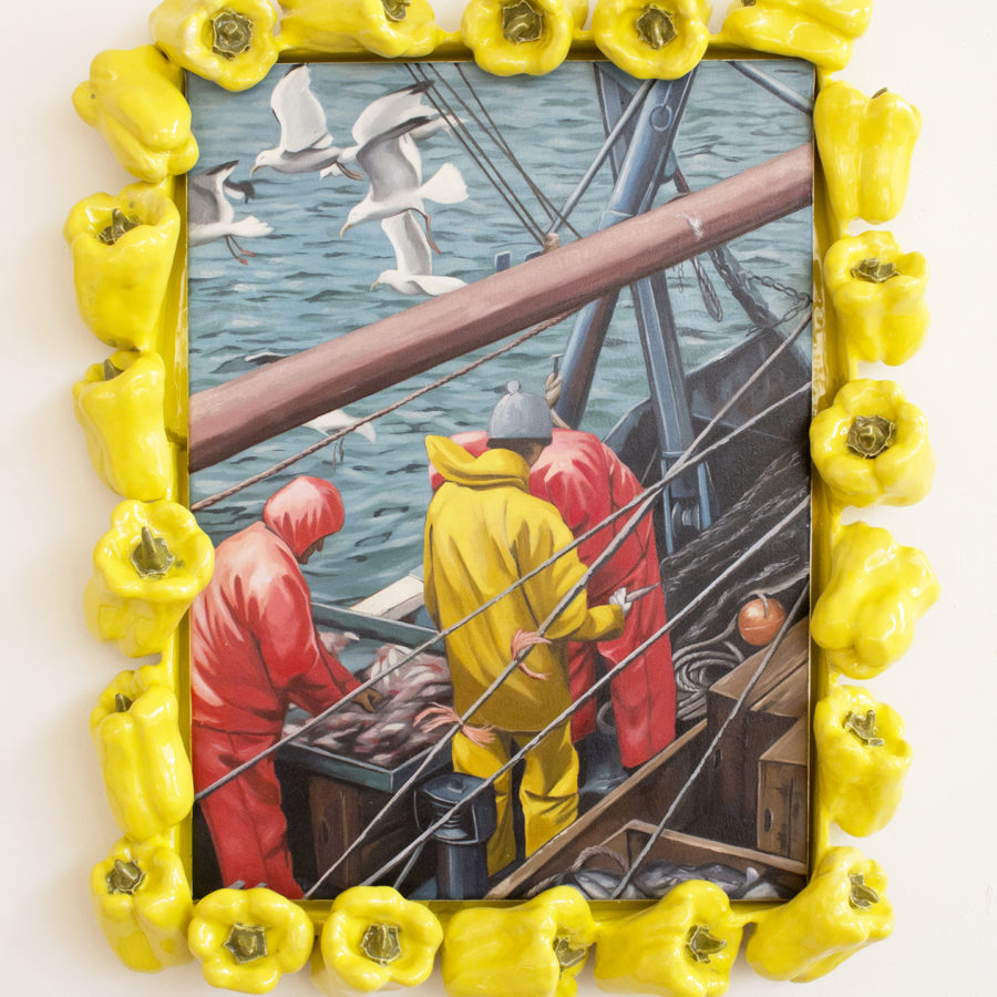 When seagulls follow a trawler, 2020 Oil on linen with glazed stoneware sculpture 29 x 24 x 4 inches