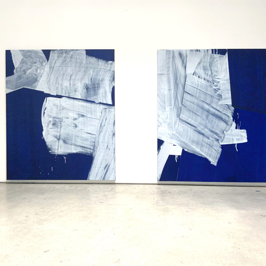 Celia Neubauer, Advance 0026 and 0027, oil and acrylic on panel, 60" x 50", 2020