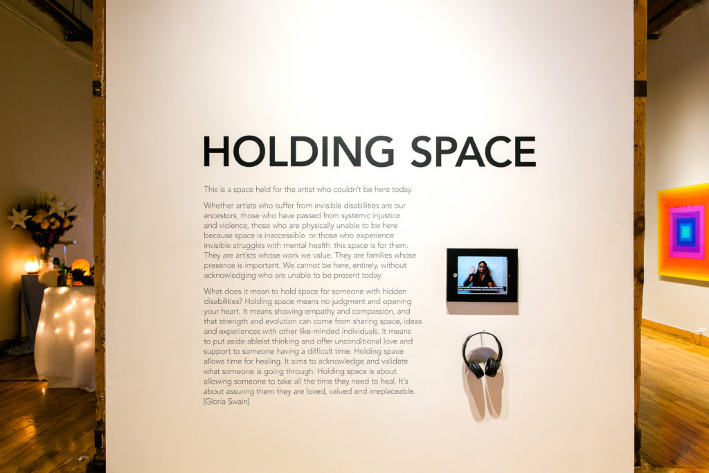 Gloria Swain, <em>Holding Space</em>.
Text. Photo: Michelle Peek Photography. Courtesy Bodies in Translation: Activist Art, Technology & Access to Life, Re•Vision: The Centre for Art & Social Justice at the University of Guelph. 