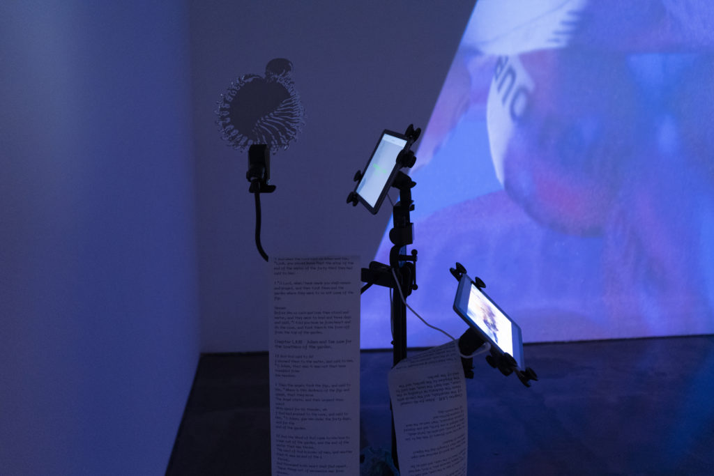 Xuan Ye, <em>ERROAR!#4</em>, 2019. Single-channel video (3 min 25 sec), interactive software, laser-engraved mirror, 3D prints, generative poetry on paper scroll, music in collaboration with Jason Doell.