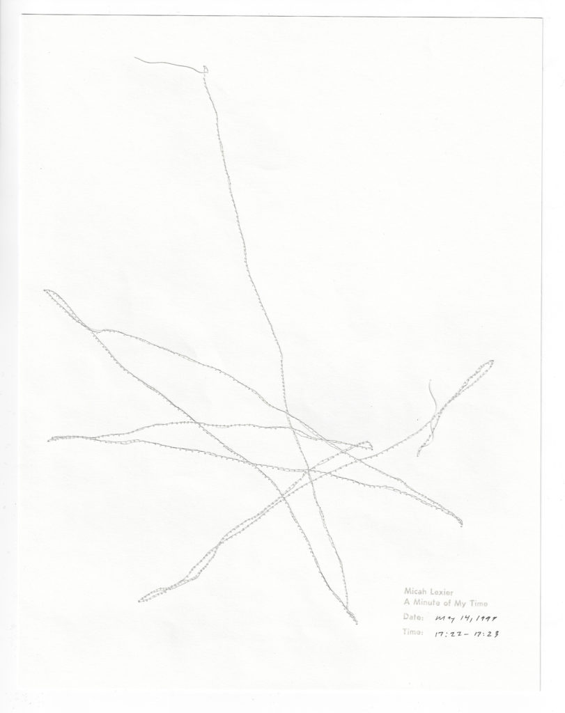 Micah Lexier, <em>A Minute of My Time (May 14, 1999 17:22 – 17:23)</em>, 1999. Paper, thread, pencil and rubber stamped ink, 21.5 x 27.9 cm. Courtesy Birch Contemporary.
