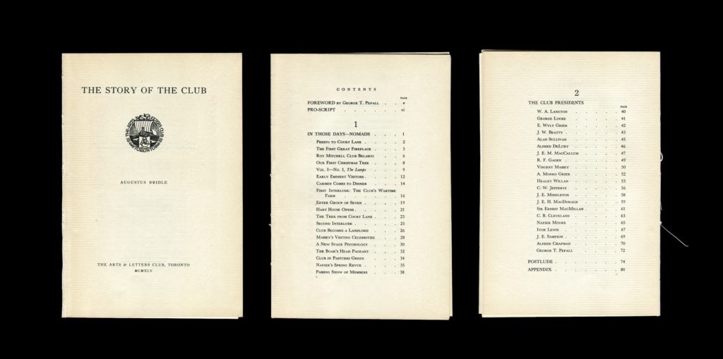 Table of contents for Augustus Bridle’s <em>The Story of the Club</em> (The Arts and Letters Club, Toronto, 1945), from Deanna Bowen’s 2019 exhibition “God of Gods: A Canadian Play.” Collection of Deanna Bowen.