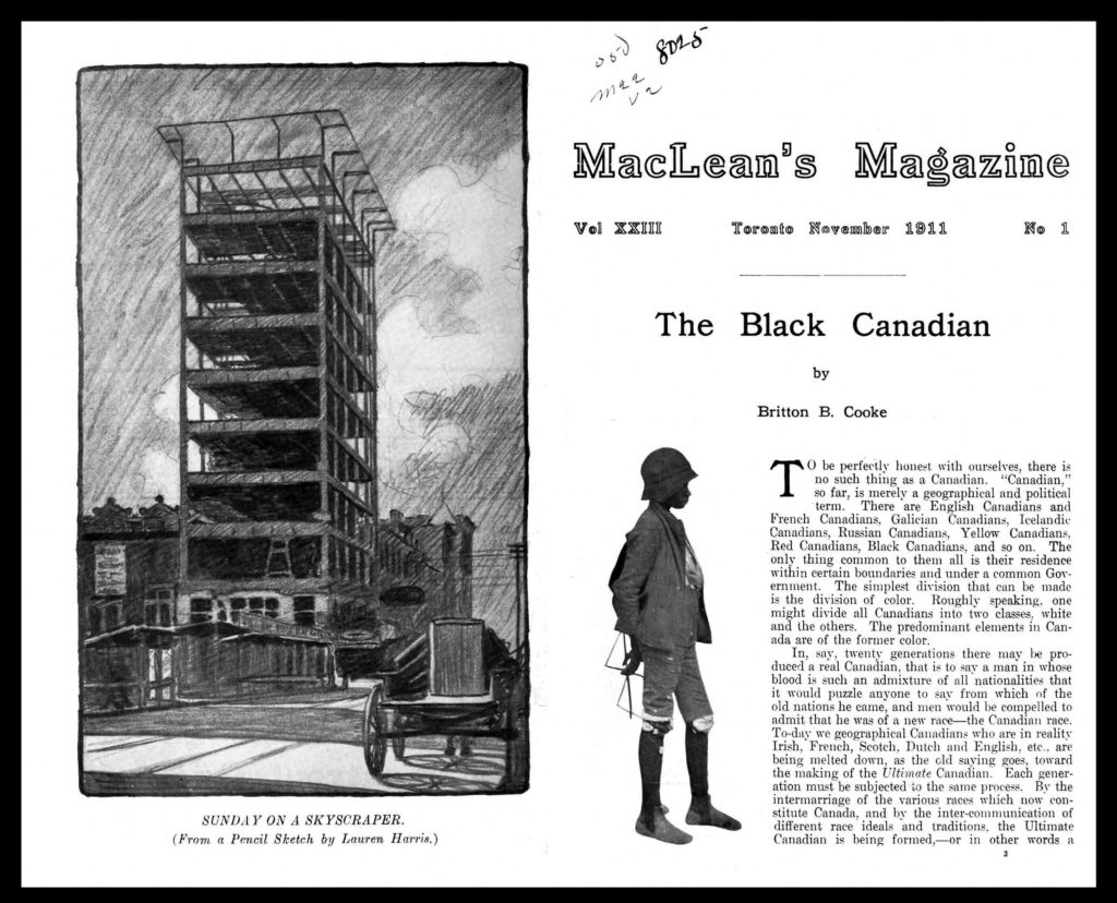 Britton B. Cooke, “The Black Canadian,” <em>MacLean’s Magazine</em>, vol. 23 no. 1, November 1911. Caption underneath illustration opposite cover page reads “<em>SUNDAY ON A SKYSCRAPER (From a Pencil Sketch by Lauren Harris.)</em>” Collection of Deanna Bowen.