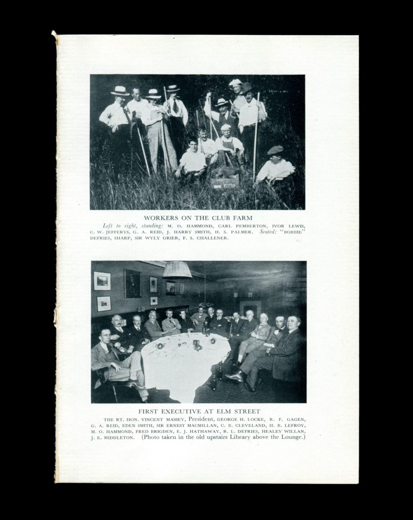 “Workers on the Club Farm” and “First Executive at Elm Street” in Augustus Bridle’s <em>The Story of the Club</em> (The Arts and Letters Club of Toronto, 1945). Collection of Deanna Bowen.